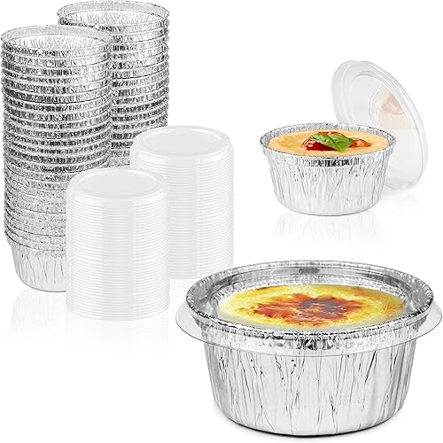 Fit Meal Prep Moldes desechables de aluminio con tapas, tazas de natillas de aluminio de 4 onzas con tapas, tazas desechables de aluminio para