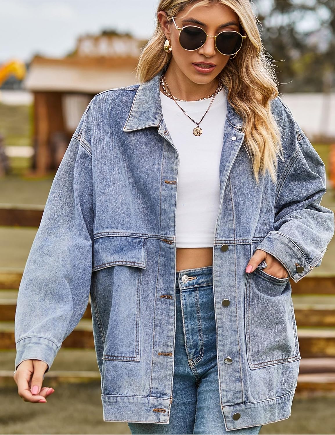 HangNiFang Aztec Denim Jacket Shacket for Women Button Down Vintage Distressed Blue Jean Jacket - Image 3