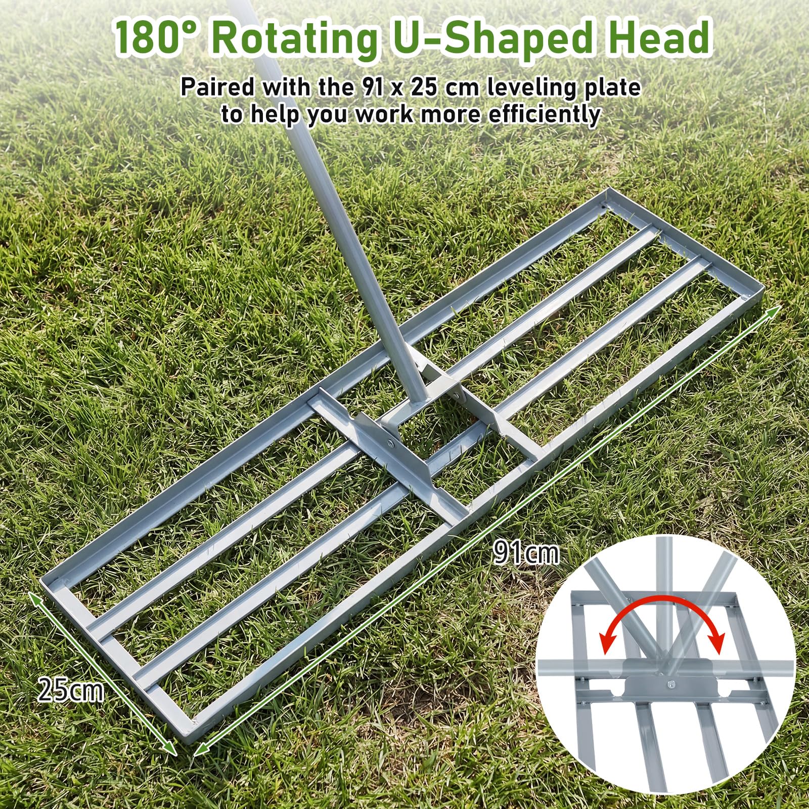 Rastrello livellatore per prato, livellatore per prato in metallo resistente con manico regolabile, strumento per livellare il terreno senza fatica per giardino, prato, campo da golf (verde, 91 x 2