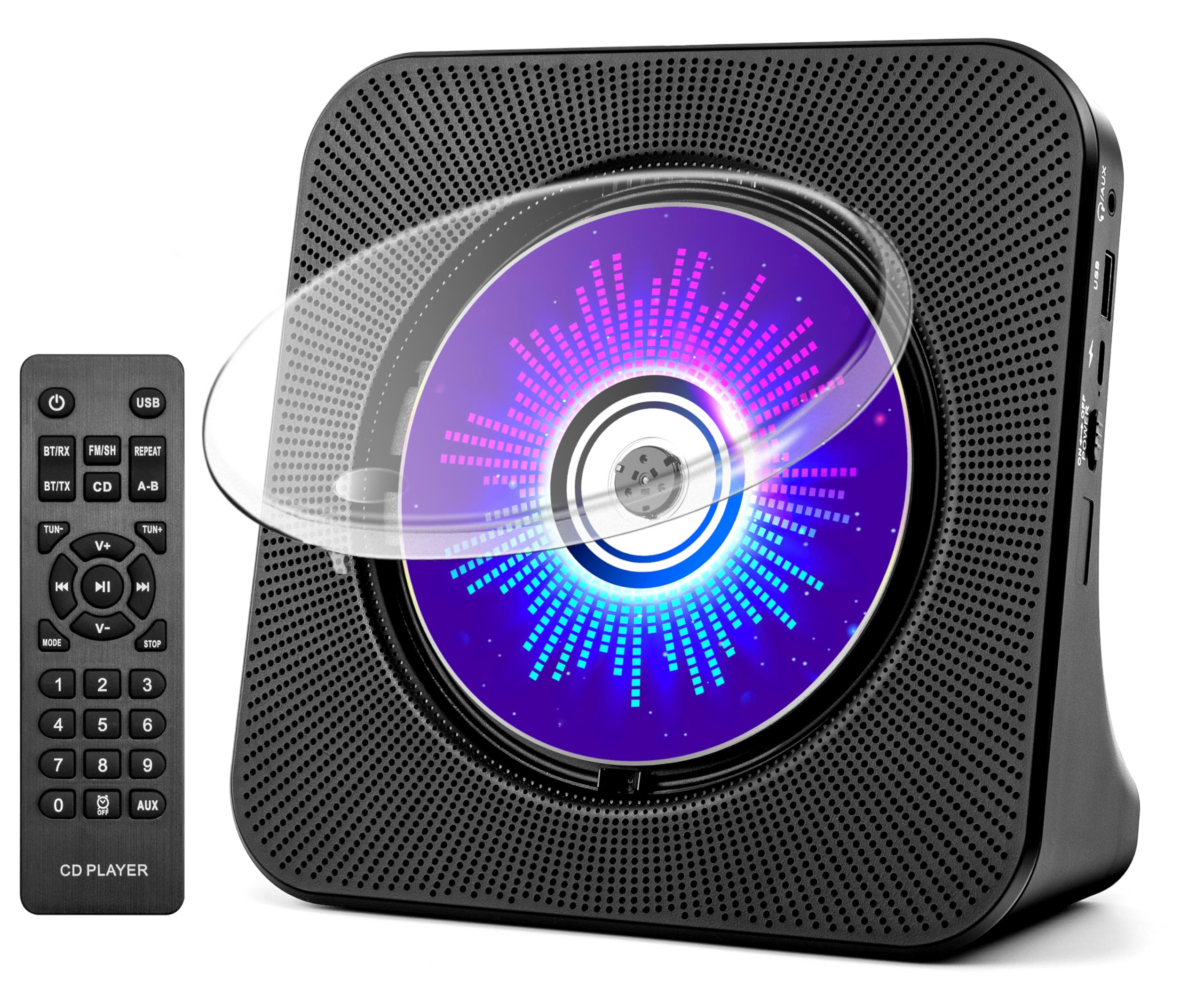 Desktop CD Player with Speakers, ROADOM CD Players for Home, Portable CD Player with Bluetooth Hi-Fi Stereo Sound,Remote Control,Supports CD/Bluetooth/FM Radio/U Disk/AUX/Timer/Repeat,Black