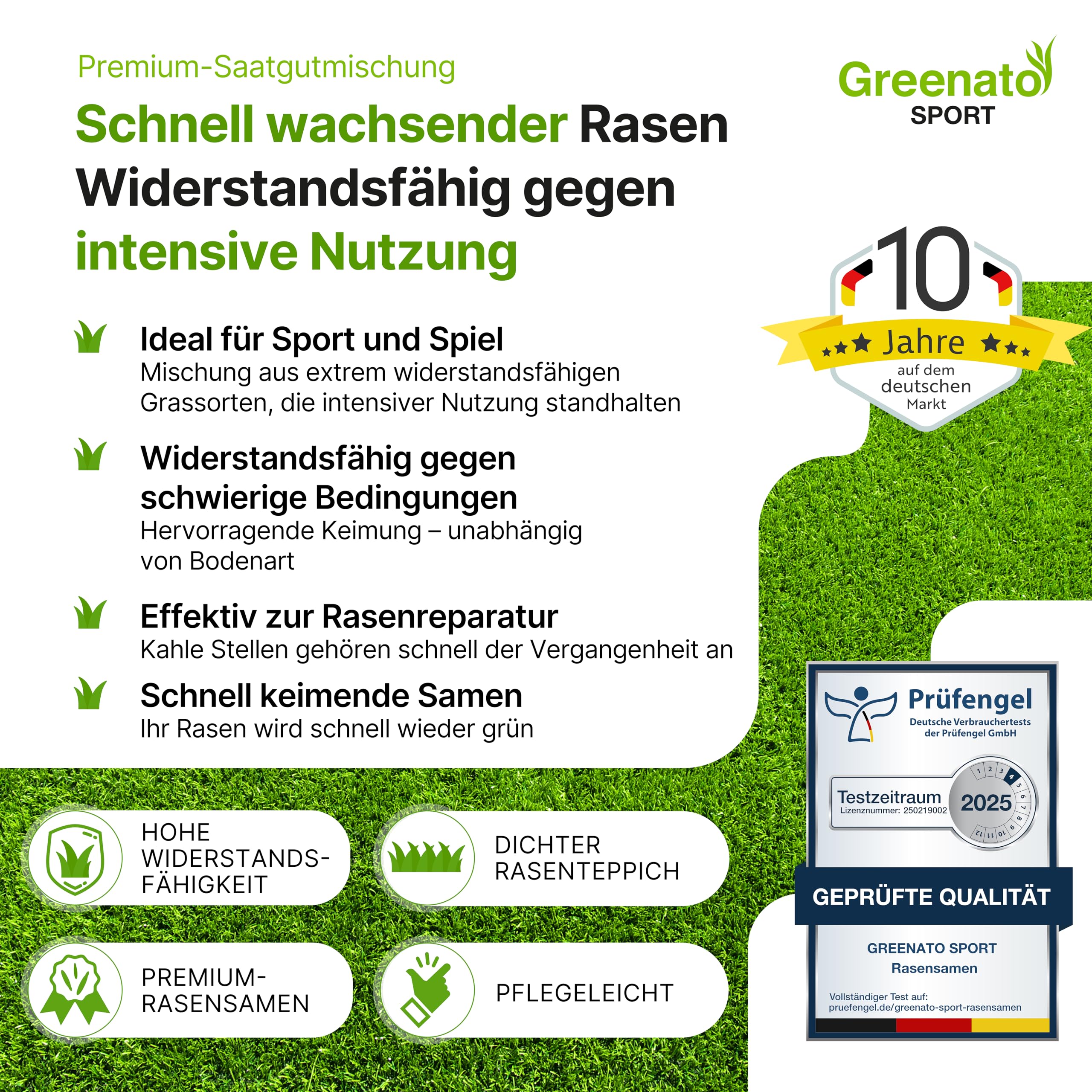 Spiel und Sport Rasensamen Greenato Sport 5kg – Turbo Rasensamen Nachsaatrasen schnellkeimend Unkrautvernichter Rasen Grassamen ideal für Neuansaat extra robuster Rasen ausreichend für 200 m²
