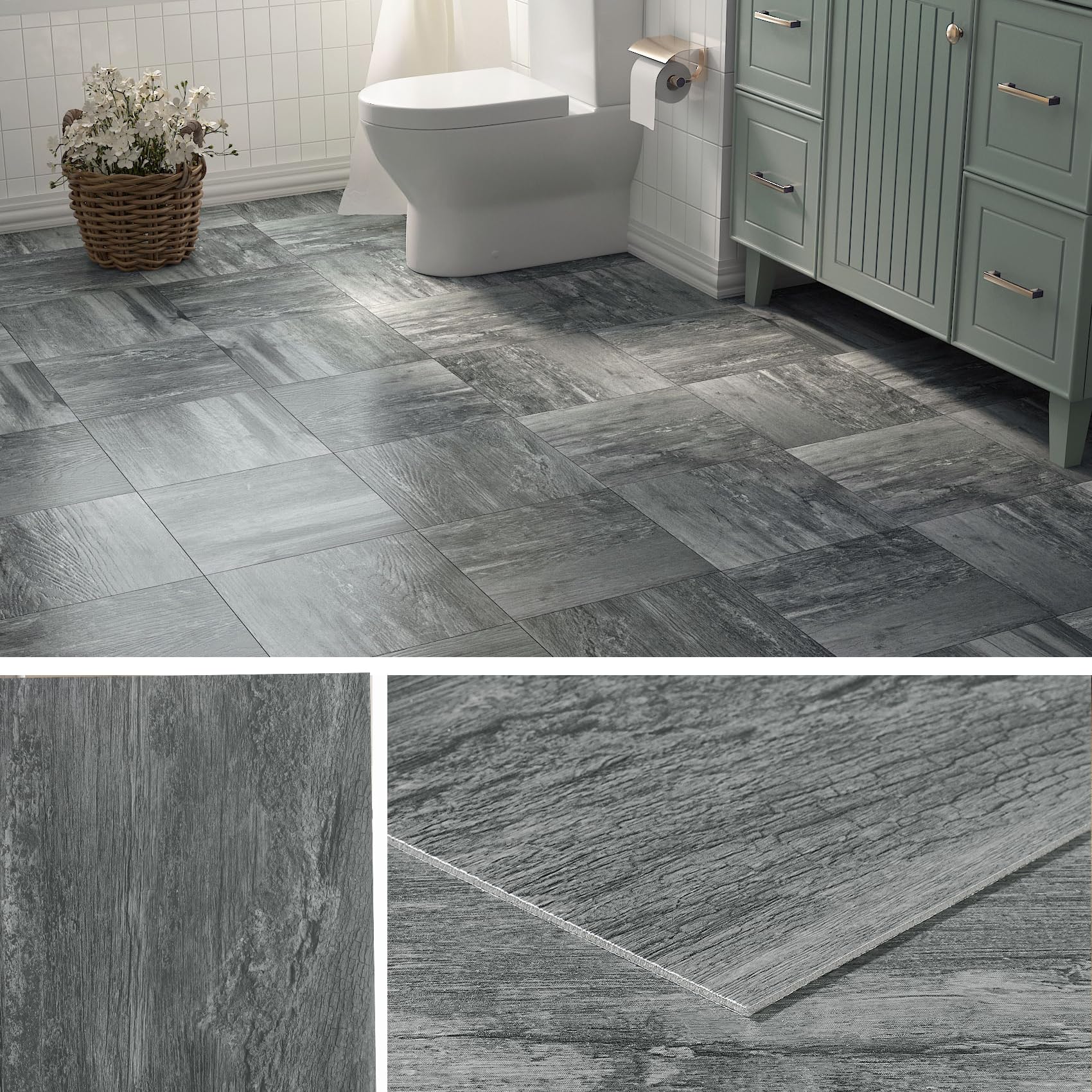 Livelynine - Azulejos de pegar y quitar de aspecto de madera gris oscuro, vinilo impermeable, azulejos de suelo laminado de madera adhesivo, azulejos de adhesivo para pegar en el suelo de la cocina