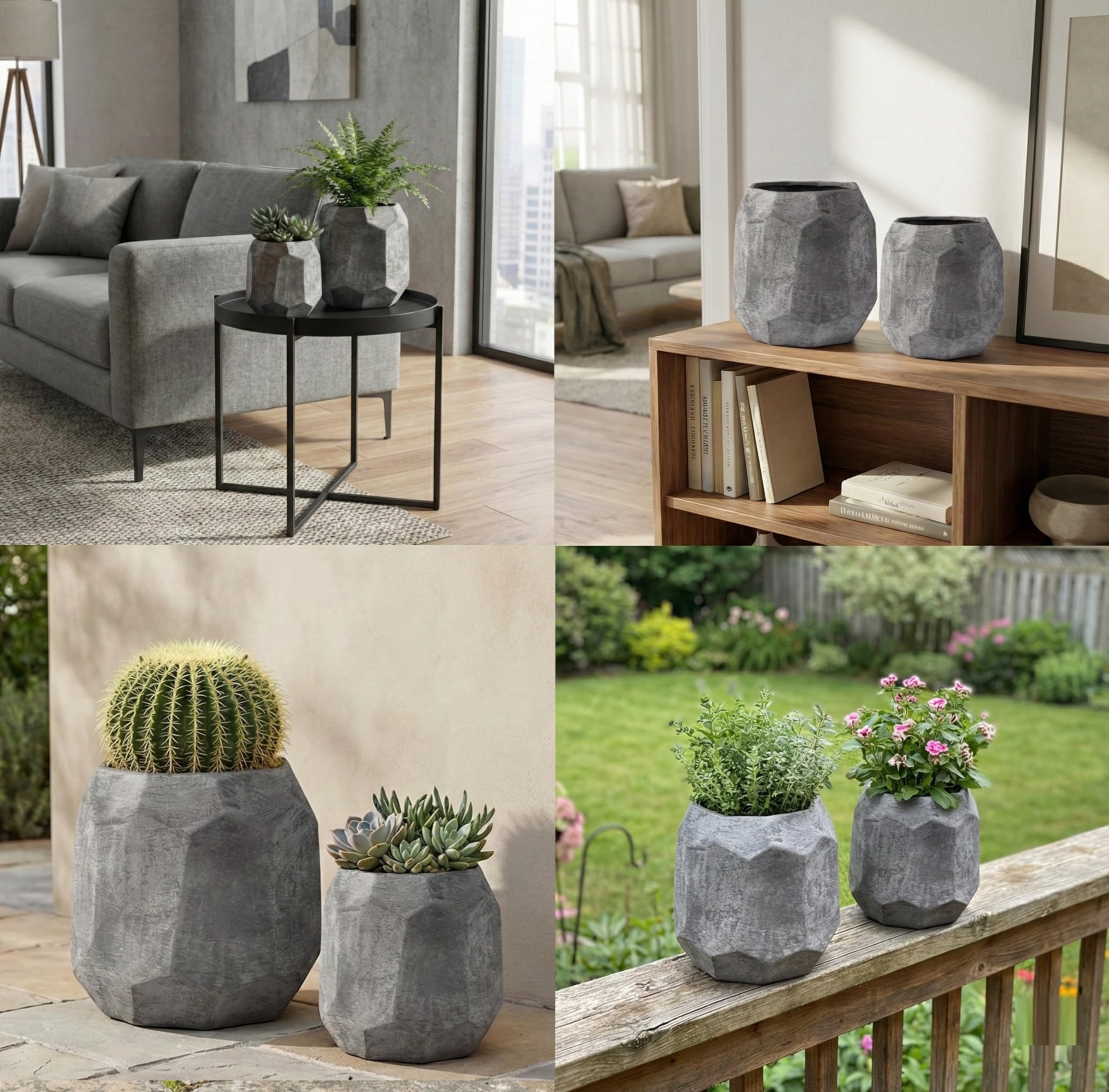 Olly & Rose Leon - Set di 2 vasi per piante geometriche in ceramica, effetto sabbia, grigio scuro, diametro 21 cm e 14 cm, grandi vasi per piante da esterno e interno, fioriere grigie, vasi da fiori