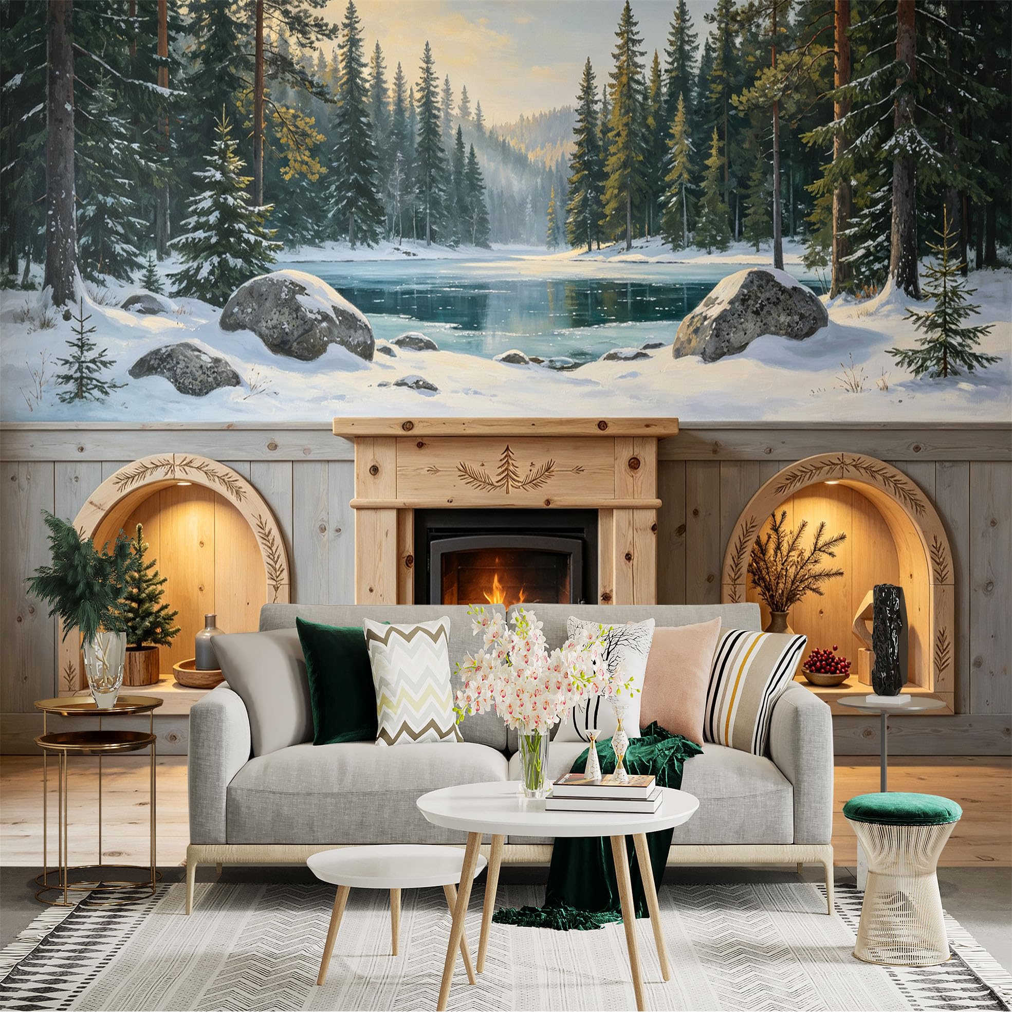 Lnzczhyre Bh260719492 Custom Size Wall Sticker Mural， Snowy Forest Landscape， Winter Lake Scene， Evergreen Trees， Nature Scenery， For Wall Decoration， Peelandstick Wall Decals.