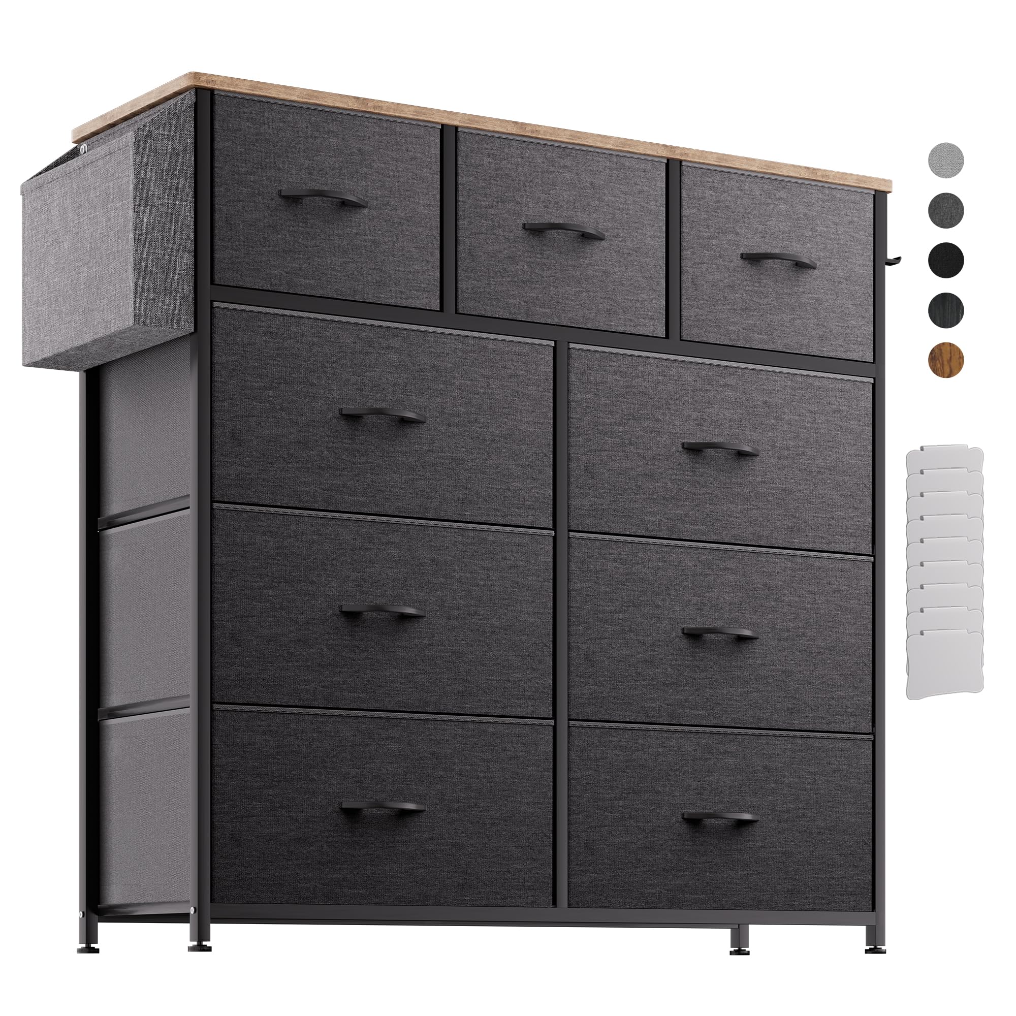 Commode en Tissu – Meuble de Rangement en Toile, 9 Grands Tiroirs, Étiquettes, Poche Latérale et Crochet, pour Salon, Couloir, Chambre