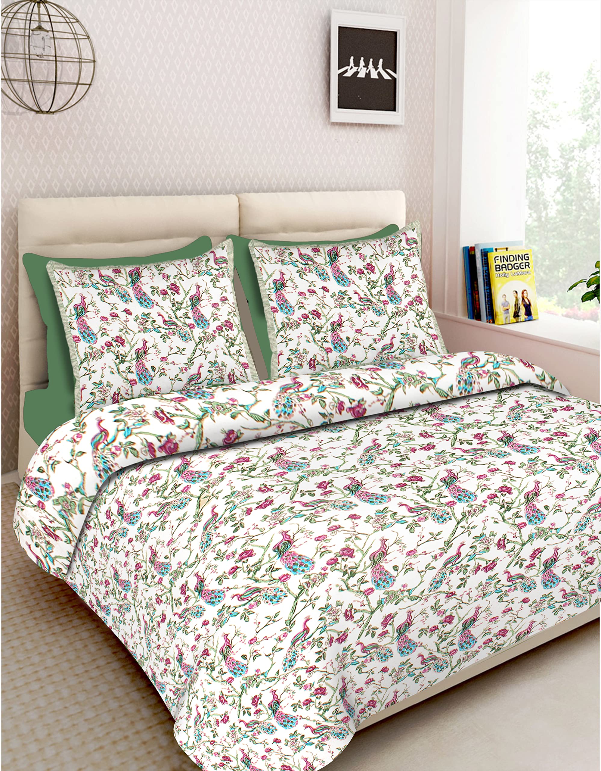 RHF 100% Cotton Printed King Size Double Bedsheet with Two Pillow Cover (100 X106 Inches),Pink-picture-14