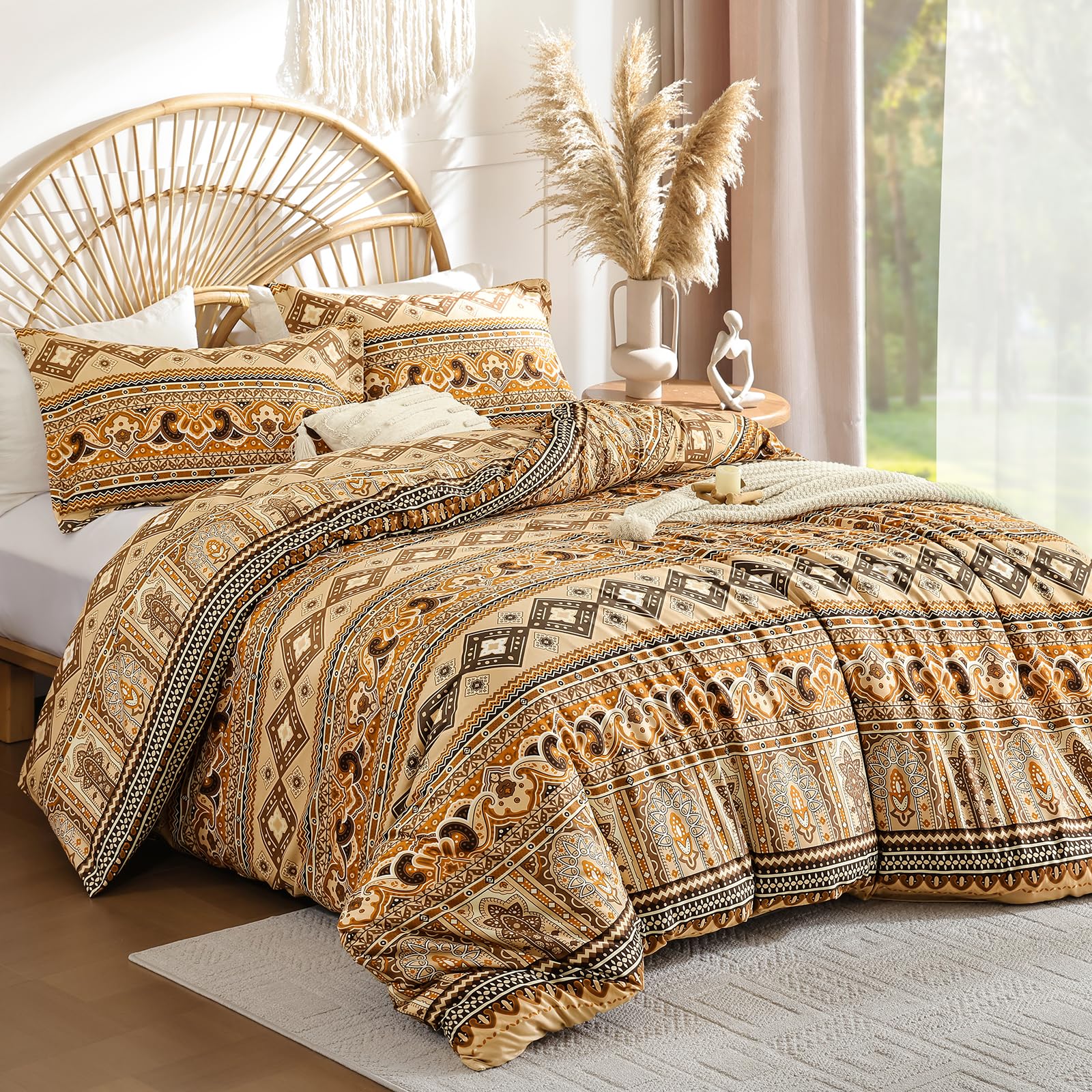WONGS BEDDING Bohemian King Size Duvet Cover Set Brown Colorful Boho Striped Bedding Set including 2 Pillowcases Soft Microfiber Moroccan Fall Quilt Cover with Zipper Closure 220x230cm - Image 3