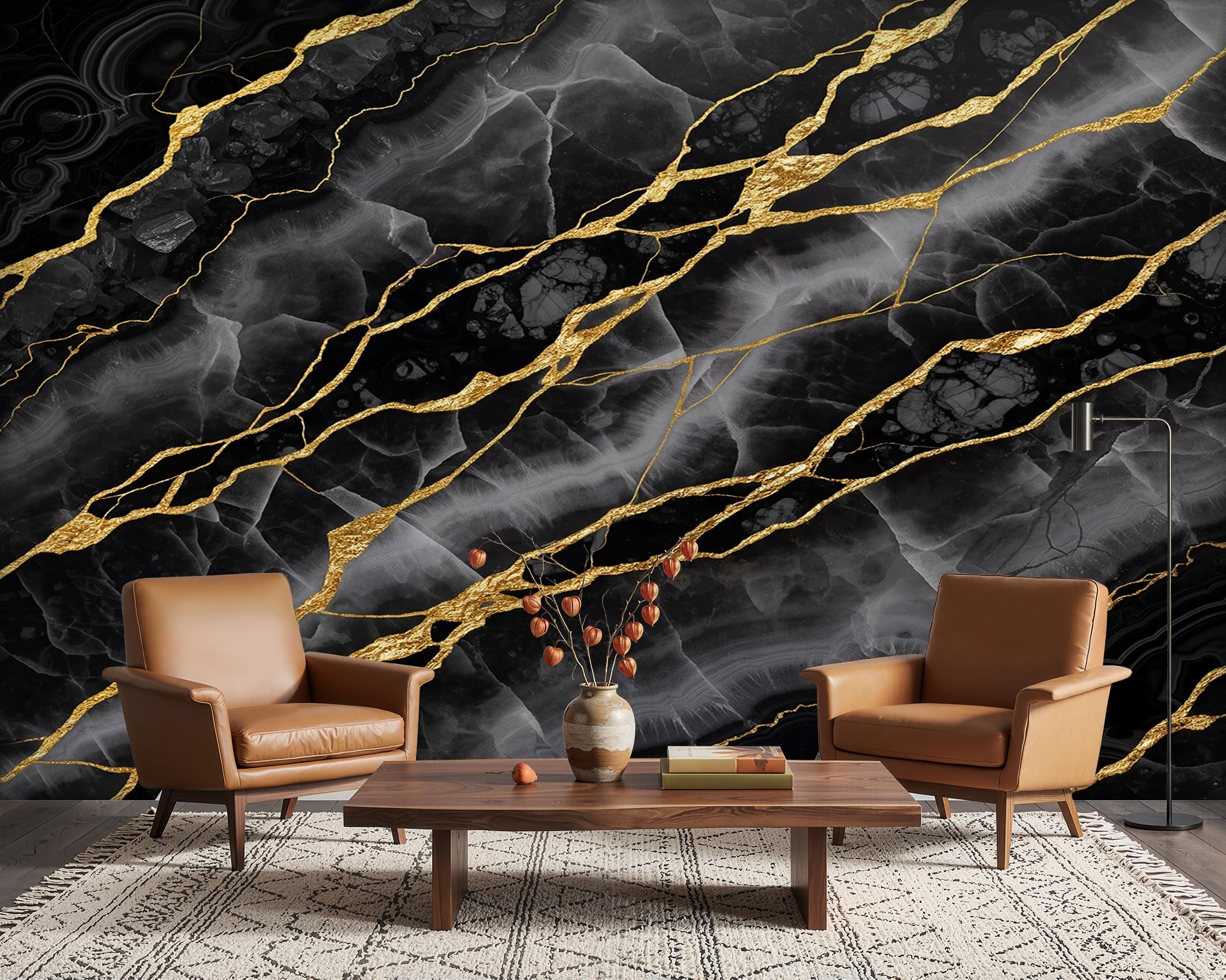 PaxGloz Black and Gold Marble Wallpaper, Grey and Black Marble Wall Mural for Living Room & Bedroom, Non-Woven Decorative Wall Art 300x210 cm