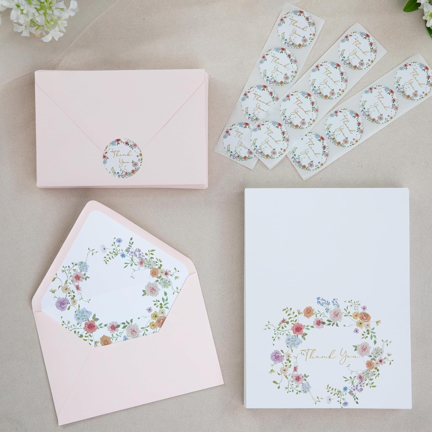ponatia 50 PACK Blush Pink Thank You Cards With Envelopes, Gold Foil Print Greeting Cards With Adhesive Envelopes & Stickers for Wedding, Bridal Showers, Baby Showers, Birthday, All Occasion