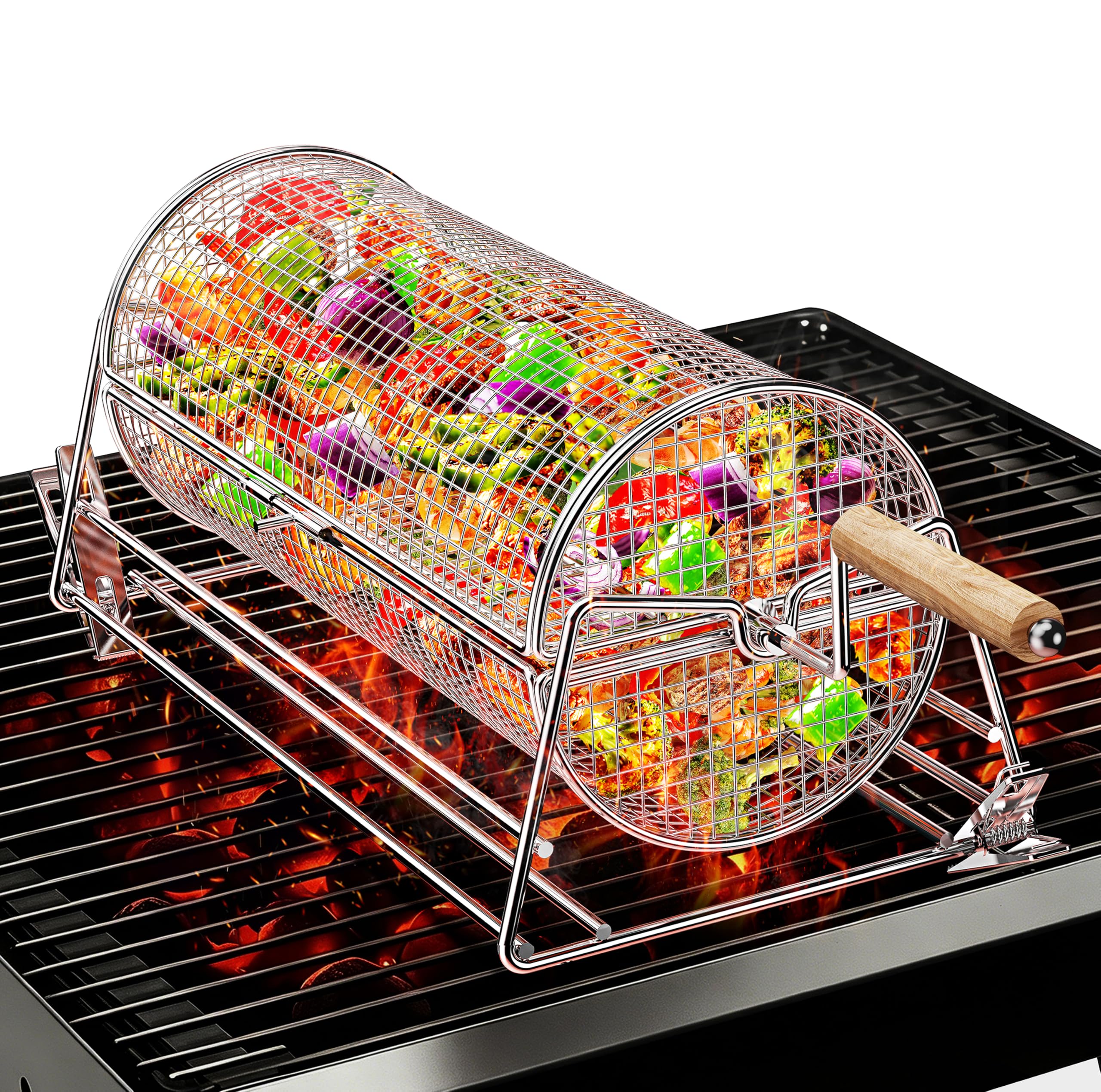 2-in-1 Rolling Grill Basket with Dual Handles, 304 Stainless Steel Rotatable BBQ Basket with Crank Handle & Straight Grip Handle, Grill Net for Vegetables, Shrimp & More, Gift Idea for Men, Dad