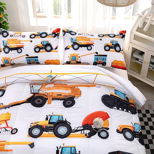 Miniatura 6 de CVHOUSE Juego de ropa de cama de tractor para niños, edredón de excavadoras tamaño individual, juego de edredón de camiones de dibujos animados para