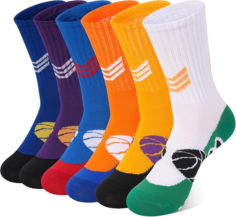 Boys Basketball Socks 6 Pairs Athletic Outdoor Sports Soccer Hiking Training Long Socks,Multicolor