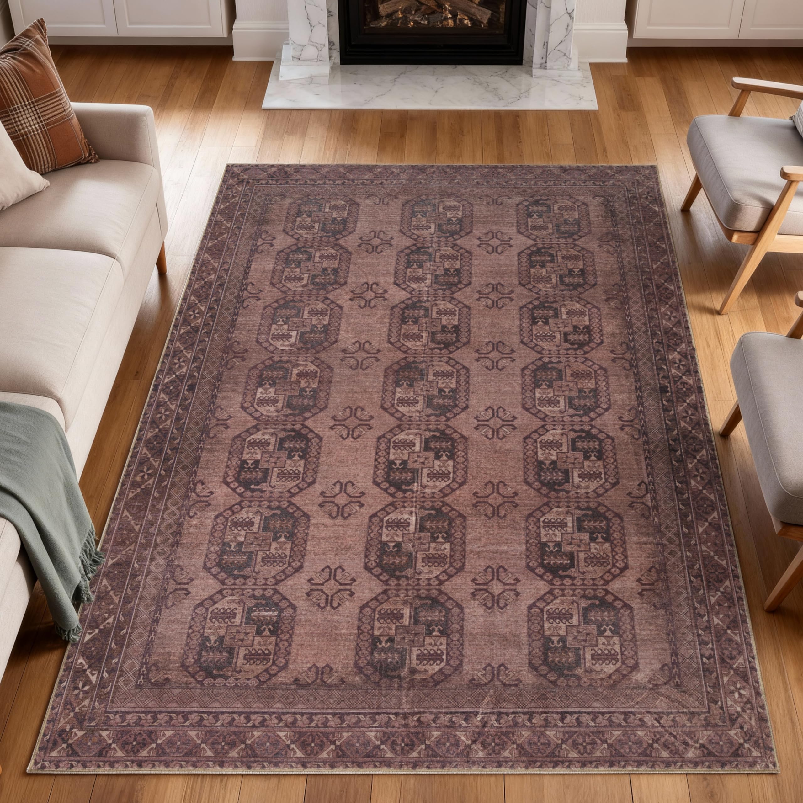 Kuden 5x7 Area Rug, Machine Washable Area Rug with Non-Slip Backing, Vintage Style, Soft, Easy Clean, Low Pile Rug for Living Room, Bedroom, Dining