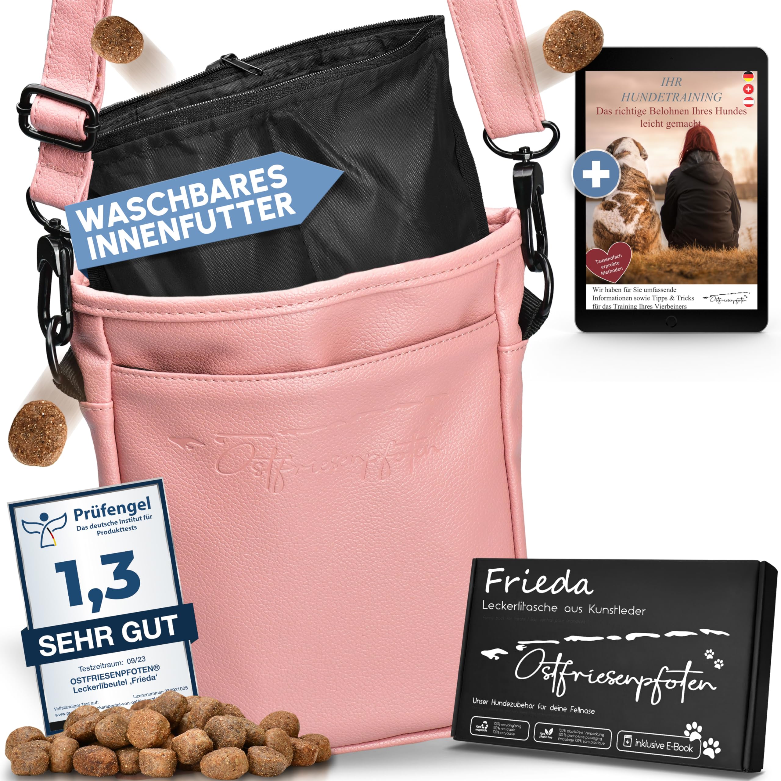 Leckerlibeutel 'Frieda' für Hunde aus hochwertigem Kunstleder - Altrosa Größe L - Futterbeutel mit EasyOpen Einhandmagnetverschluss - Gassitasche für Hunde-Leckerli