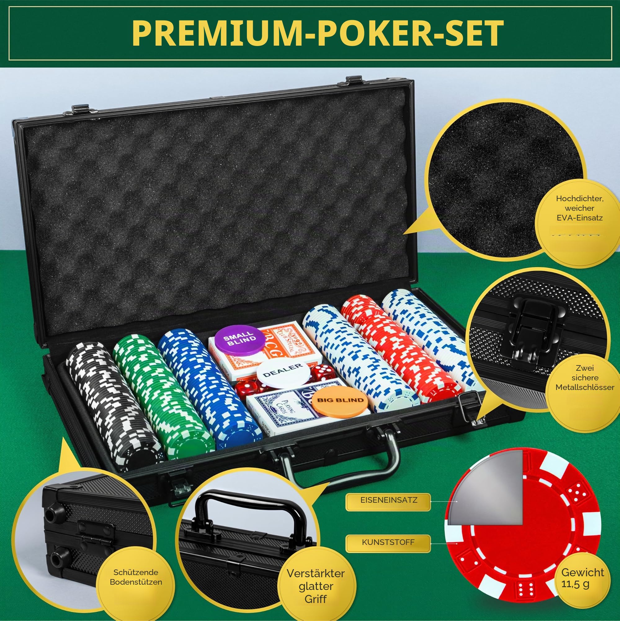 Queensell Pokerkoffer mit 300 Poker Chips für Texas Holdem – Profi Poker Set mit Aluminium Koffer, Pokerkarten, Dealer Button & Würfeln