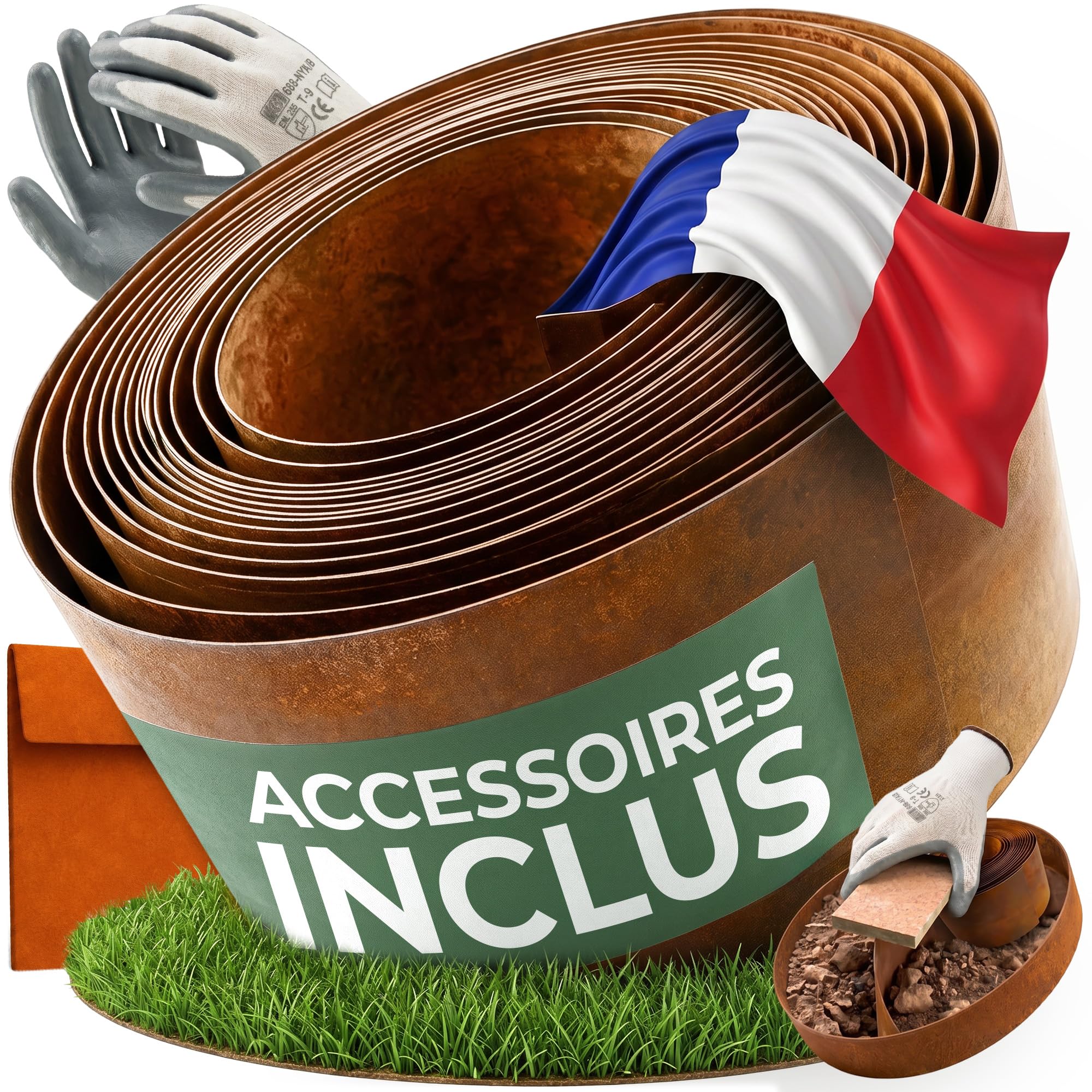 Bordure Acier Corten 10 Mètres | Bordure Jardin Exterieur 14cm de Hauteur | Design Flexible & Facile à Installer | Gants, Cale en Bois, Connecteurs et eBook Inclus