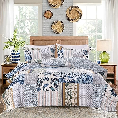 Yvooxny Juego de edredón tamaño King, colcha acolchada reversible de 3 piezas, juego de ropa de cama de retazos reales con fundas de almohada para