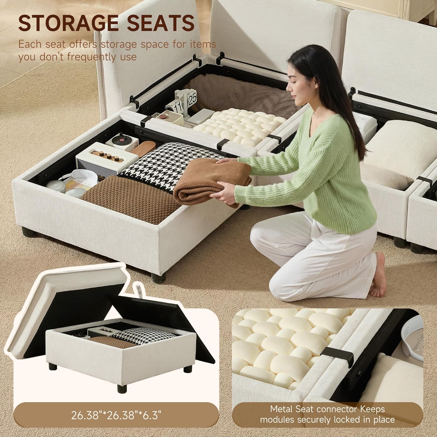 WorthFurni Modular Sectional Sofa Couches for Living Room, Large Storage Couch with Washable Cover, Comfy L Shaped Deep Seat Couch Set for Apartment, Bedroom(4 Seater, Beige)