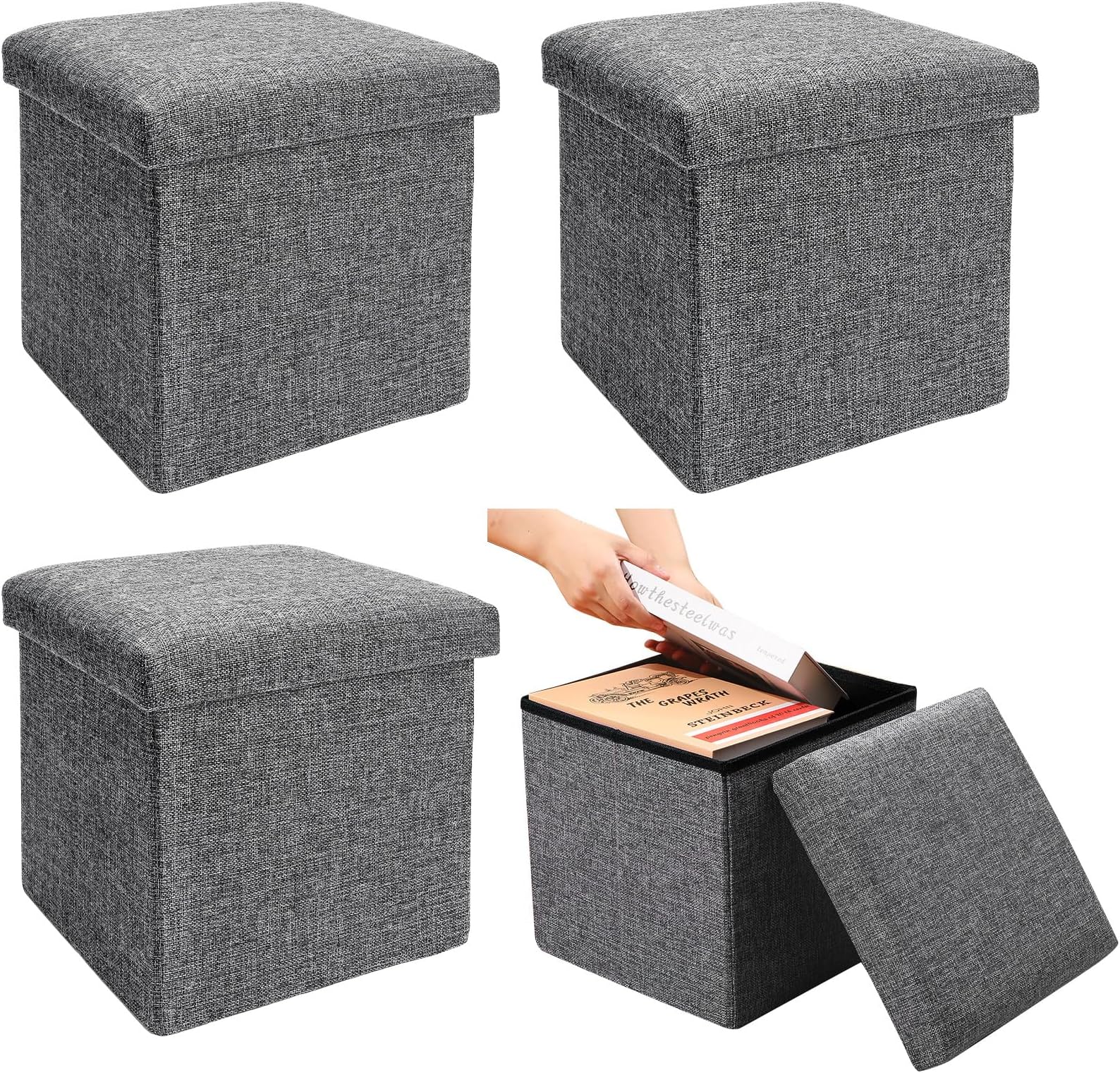 4 Pcs Foldable Storage Ottoman with Lid Folding Ottoman Storage Foot Rest Stool Collapsible Ottoman Cube for Bedroom Dorm Kids Room Toys, Gray, 12 x 12 x 12 Inches