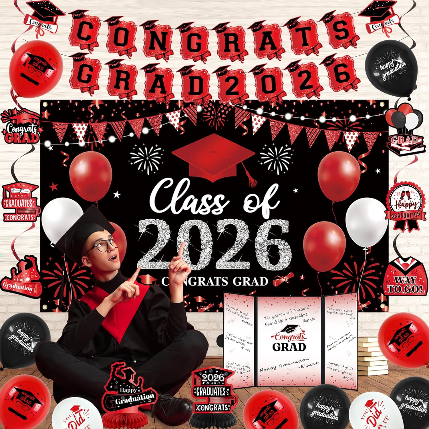Vlipoeasn Red 2026 Graduation Party Decorations Black Red 2026 College/High School Graduation Decorations Party Supplies, Class of 2026 Congrats Grad Backdrop Banner Signature Book