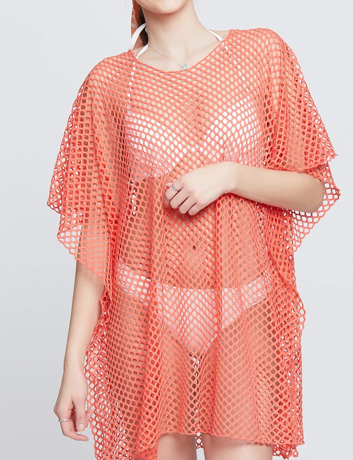 MIRMARU Swimsuit Bikini Cover Ups for Women- Hollow Mesh Short Sleeve Beach Dress & Mesh Crop Top. - Image 3