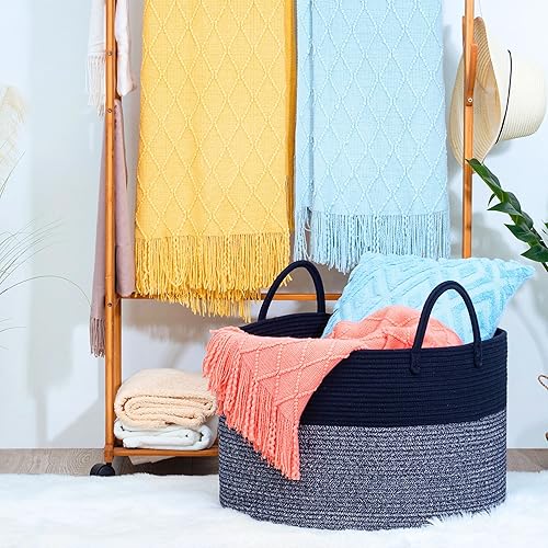 Miniatura 4 de MINTWOOD Design Cesta decorativa de cuerda de algodón tejida extragrande de 22 x 14 pulgadas, para sala de estar, con asas largas, cesta de