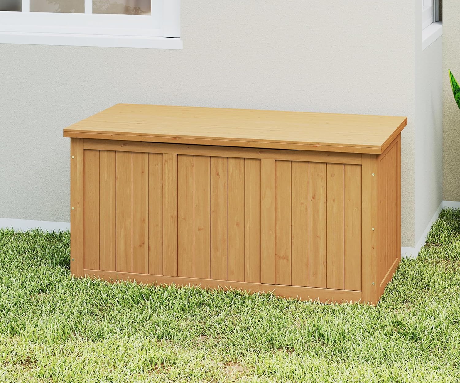 Mederlo 67 Gallon Outdoor Wooden Deck Box Solid Wood Storage Box Seat & Table Top for Patio Furniture Cushions, Pool Toys & Garden Tools