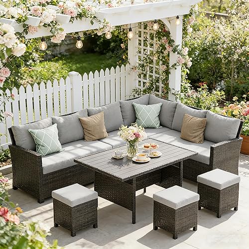 Wisteria Lane 7 Piece Patio Furniture Set, High Curved Back Wicker Patio Sectional, All Weather Outdoor Dining Set, Outdoor Furniture Patio Conversation Set with Ottoman, Grey