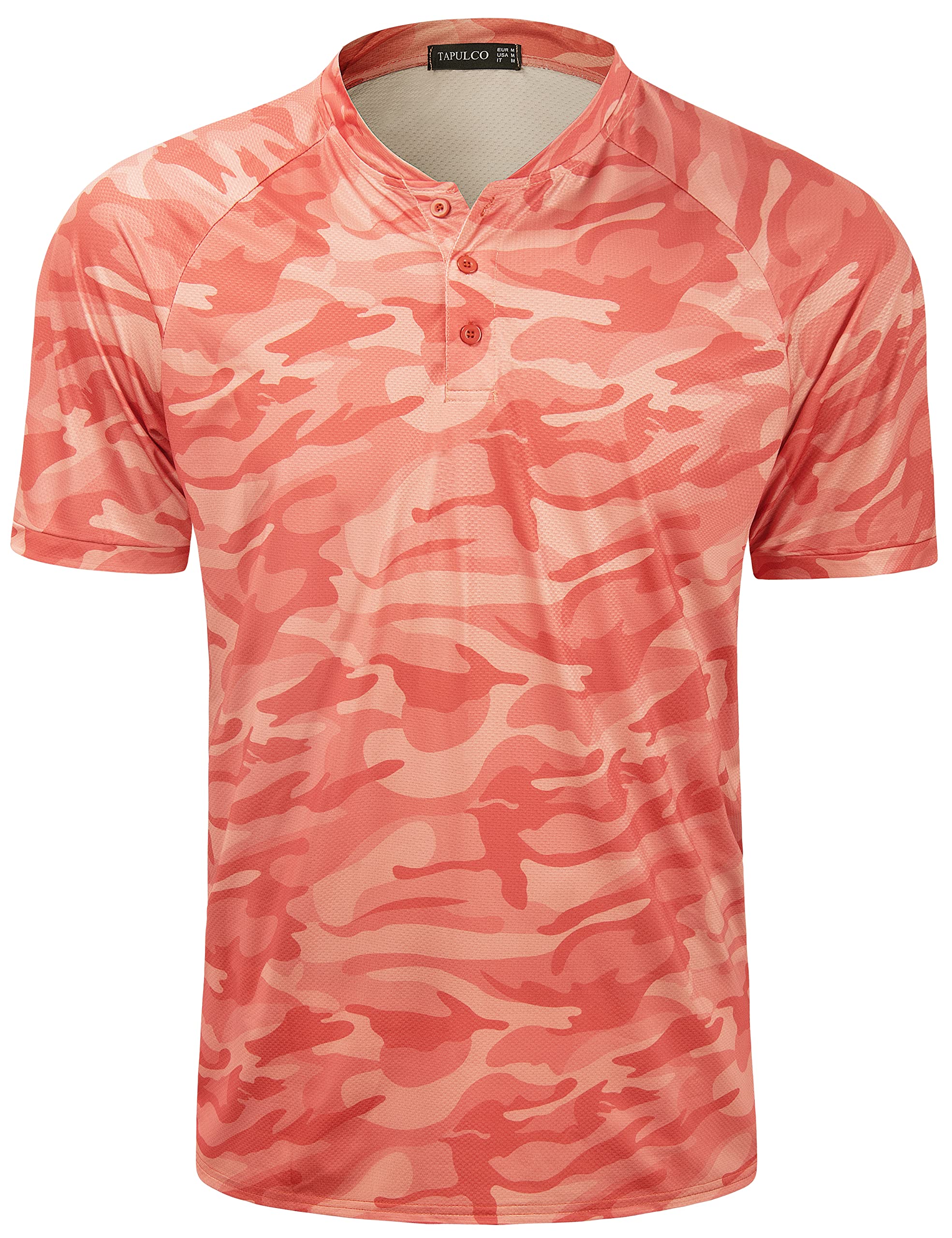 TAPULCO Mens Collarless Golf Shirts Short Sleeve Dry Fit Stretch Casual Breathable Lightweight Tshirts, Upf 50 Short Sleeve - Camo Orange, S