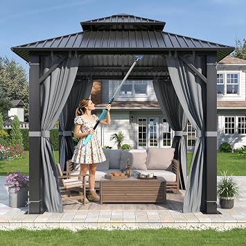 GARTOO 8.5 x 8.5 Outdoor Hardtop Gazebo with 25FT High Duster Cleaning Tool - Aluminum Heavy-Duty Steel Top Gazebo with Double Roof, Breathable Netting & Privacy Curtain for Garden, Backyard