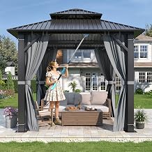 GARTOO 8.5' x 8.5' Outdoor Hardtop Gazebo with 25FT High Duster Cleaning Tool - Aluminum Heavy-Duty Steel Top Gazebo with Double Roof, Breathable Netting & Privacy Curtain for Garden, Backyard