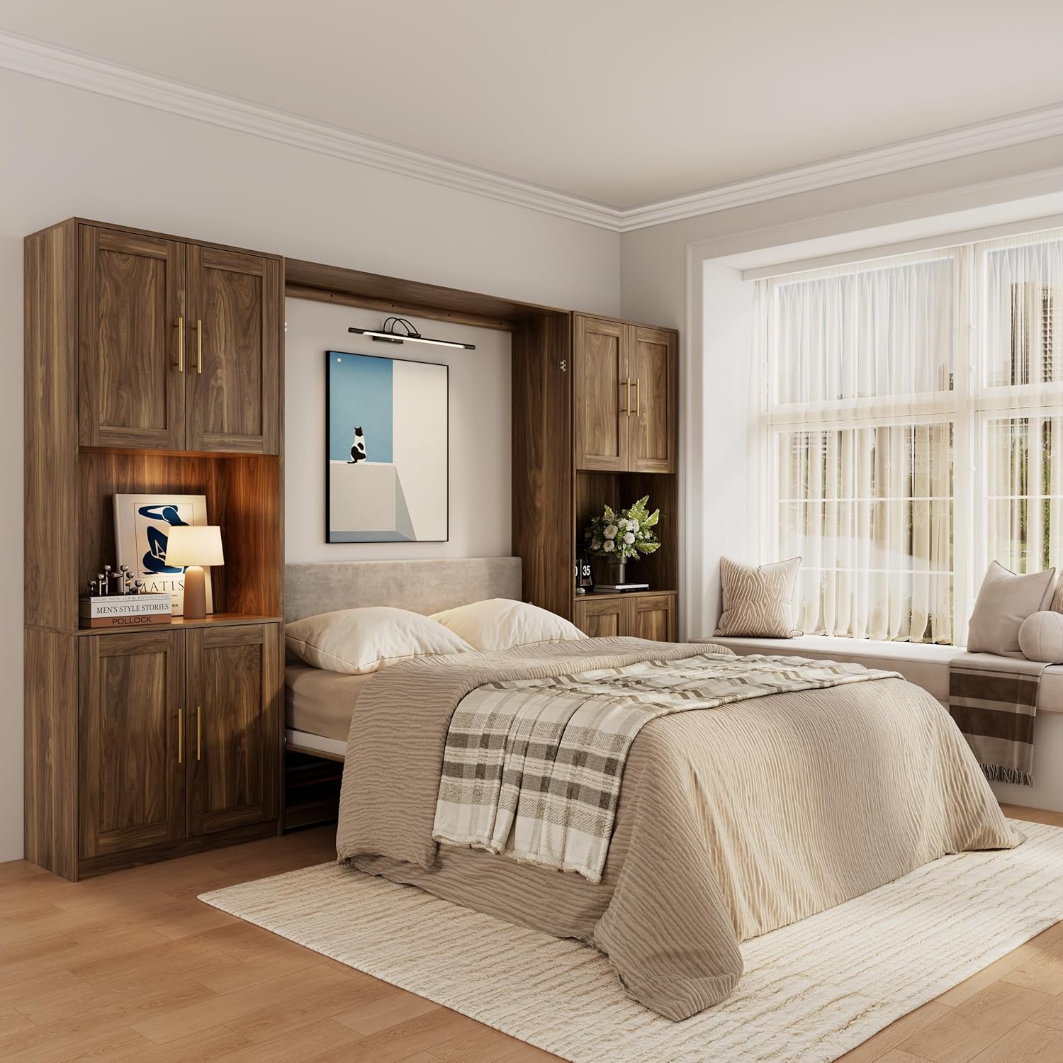Bobve Farmhouse Murphy Bed Queen, 85" Wall Bed Folds to Save Space, Concealed Bed Frame with 2 Storage Cabinets and Wall Mounted Features for Apartment/Office/Guest Room