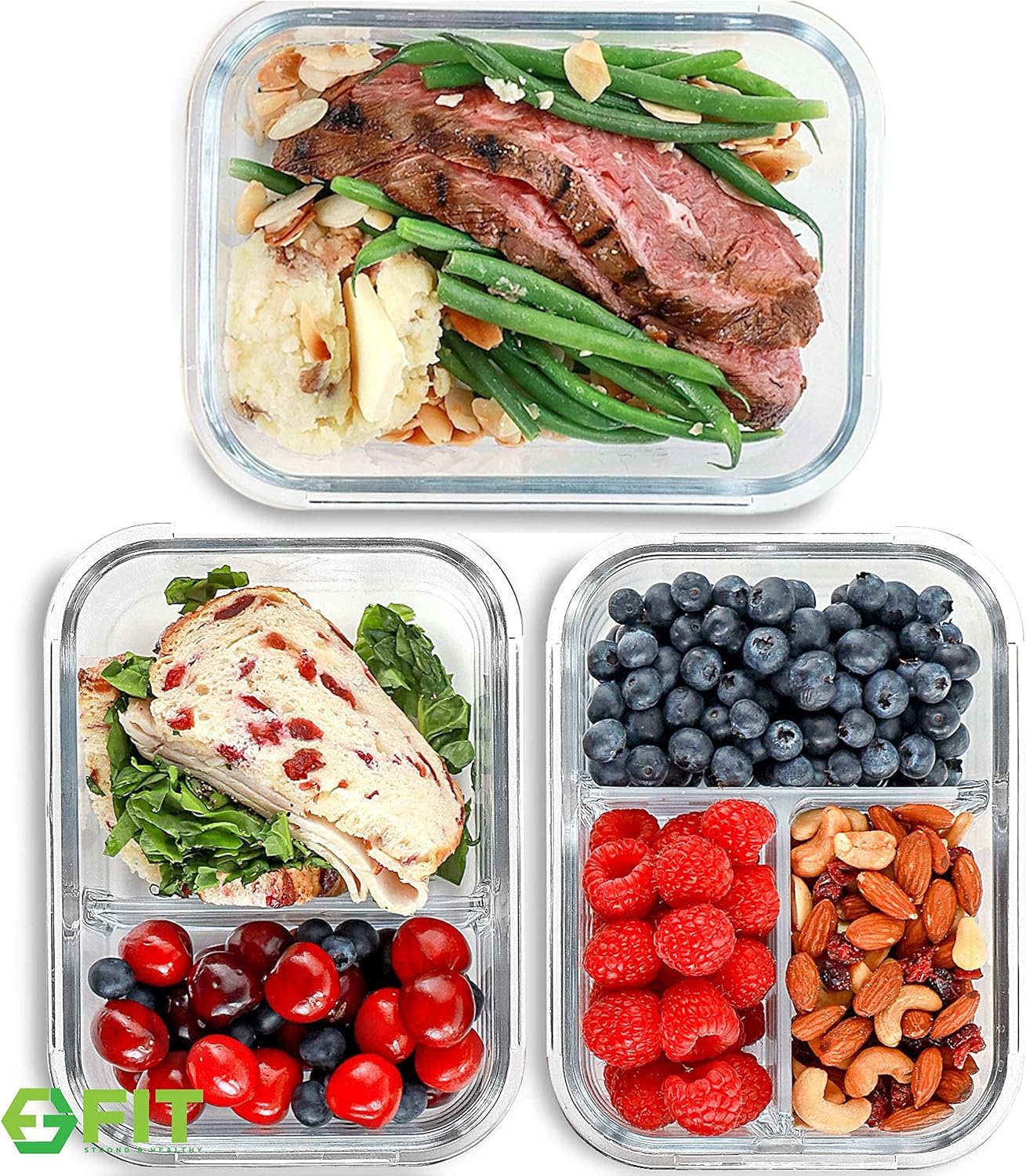 FIT Strong & Healthy Glass Meal Prep Containers with Lids, 1 & 2 & 3 Compartm...