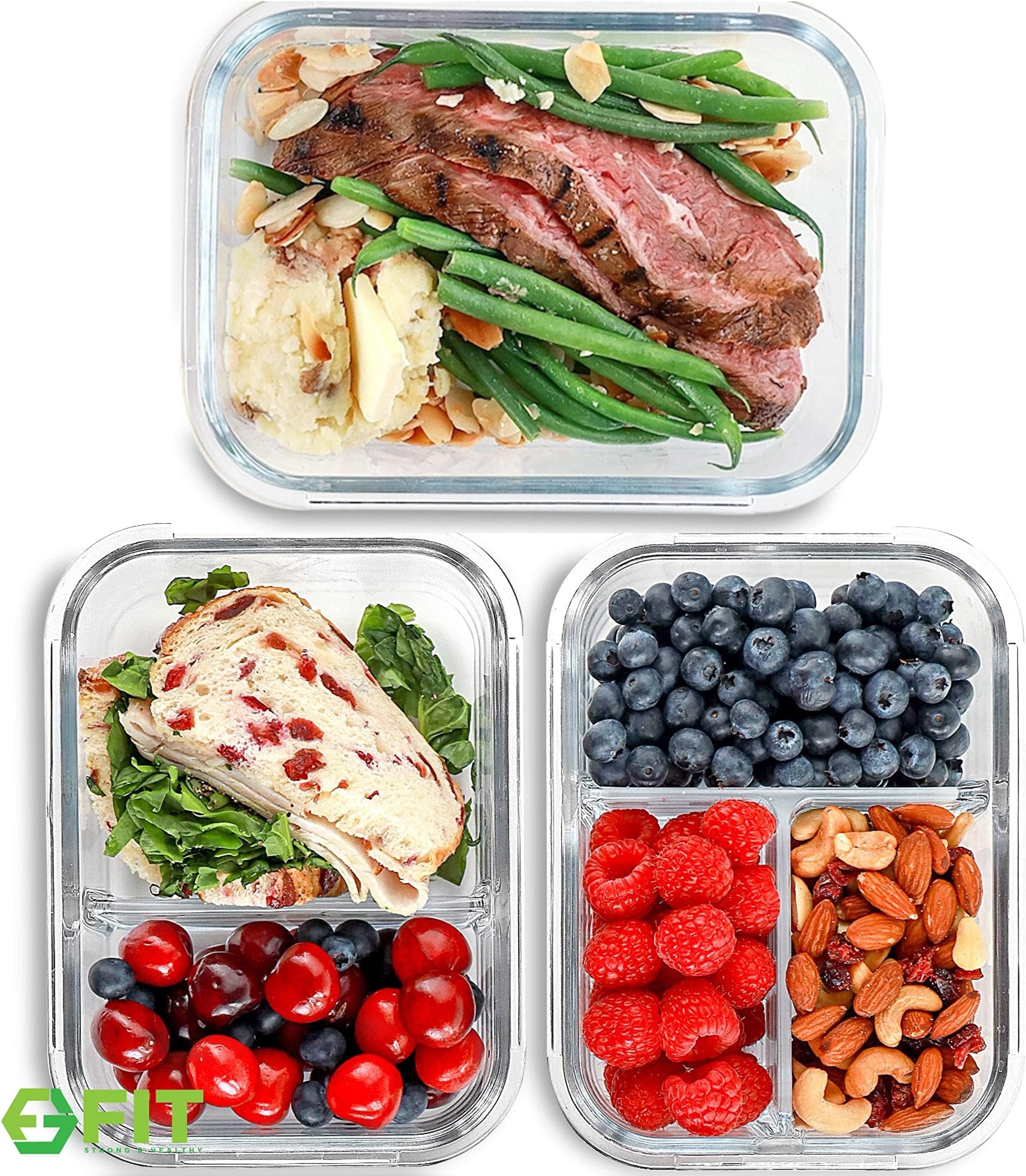 1 & 2 & 3 Compartment Glass Meal Prep Containers [3, 35 oz] - Lunch Box With Lids for Food Storage, Prep, and Bento for Kids & Adults