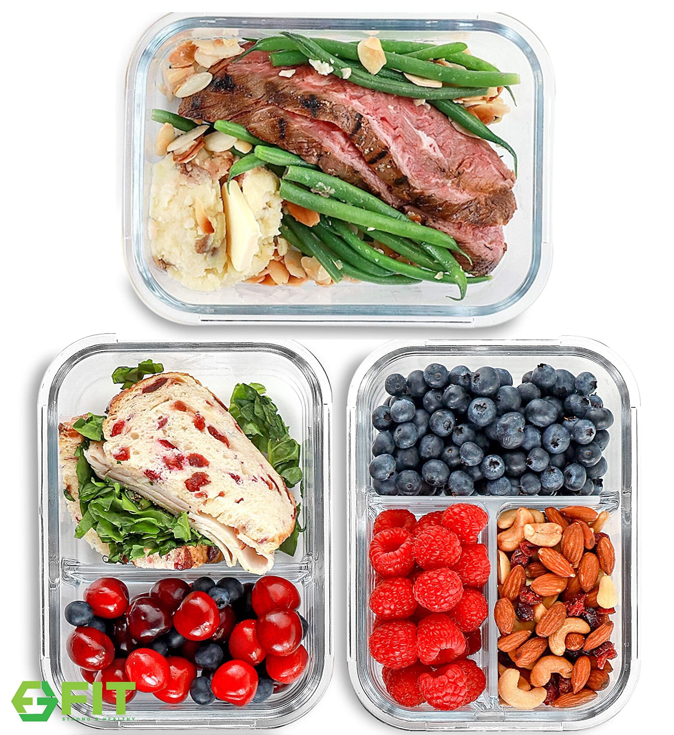 FIT Strong & Healthy Glass Meal Prep Containers with Lids, 1 & 2 & 3 Compartments – Portion Control Containers, Glass Lunch Box, Food Storage, Leak-Proof, Oven & Freezer Safe, 35 oz, Blue, 3 Pack