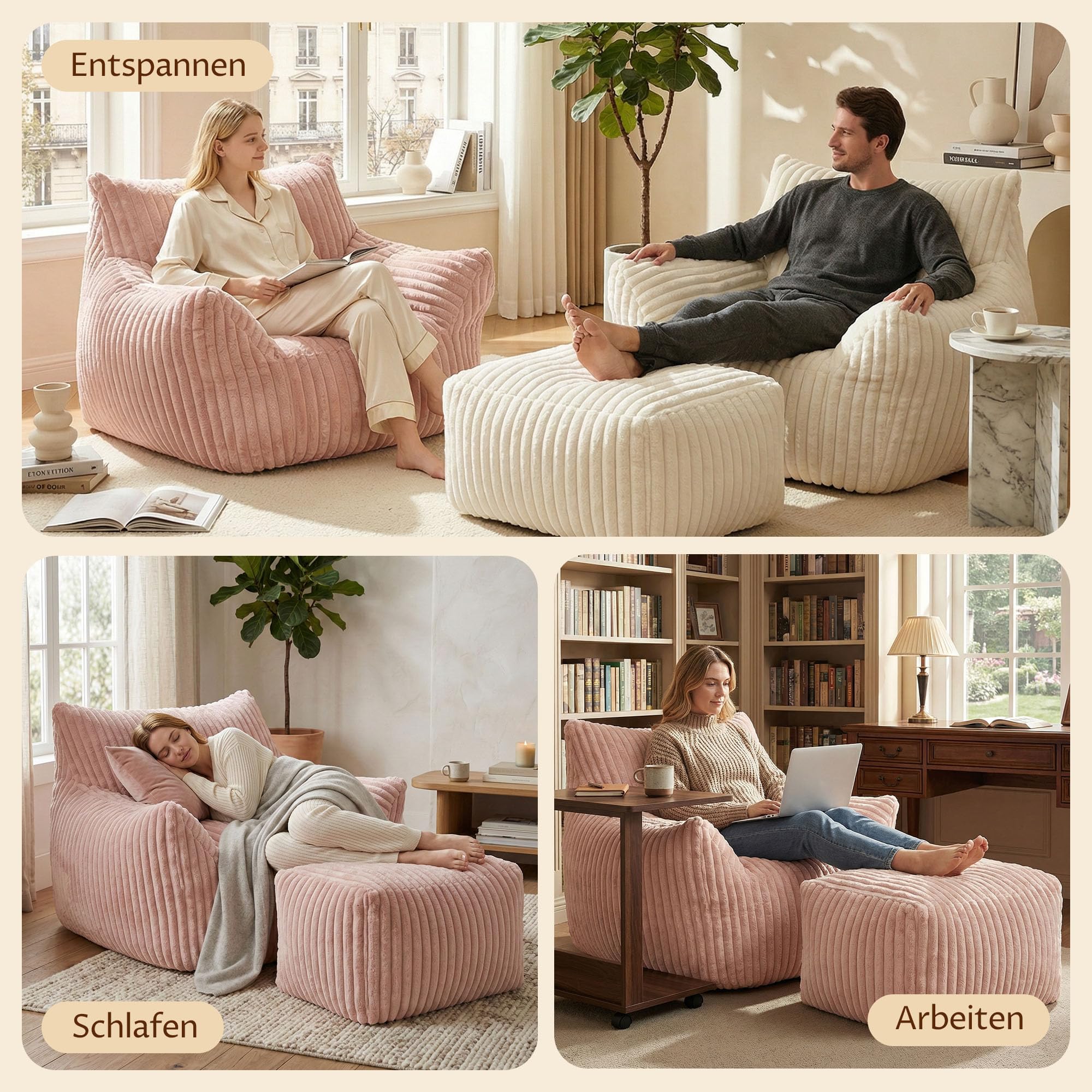 GRAVFORCE Schlafsofa mit Rückenlehne und Fußstütze, XXL Sitzsack Sessel mit Hocker für Erwachsene, Relaxsessel Lazy Sofa, Indoor-Sitzkissen für Schlafzimmer Wohnzimmer, Wintergarten (Rosa)