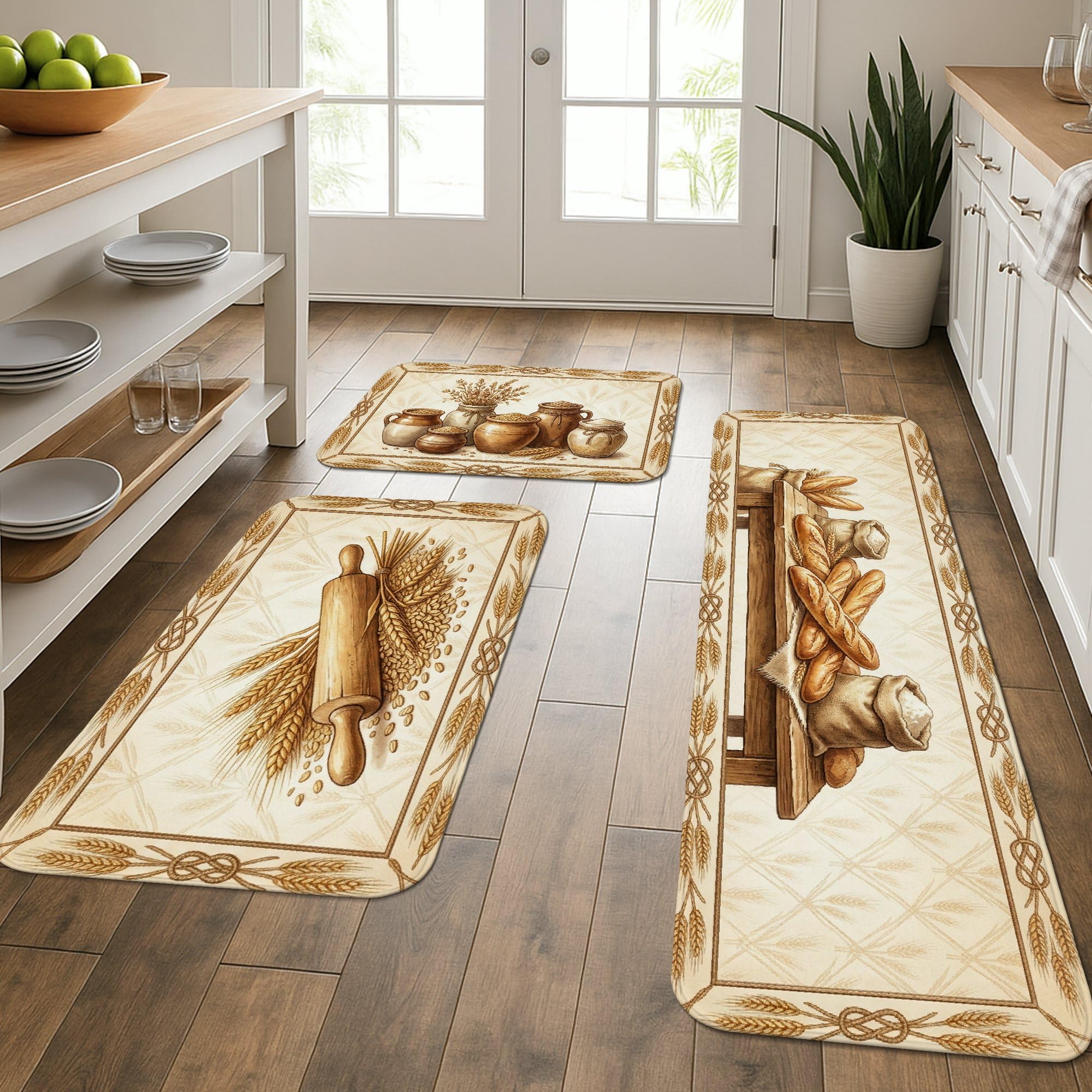 Lot de 3 tapis de cuisine rustiques lavables motif rouleau beige