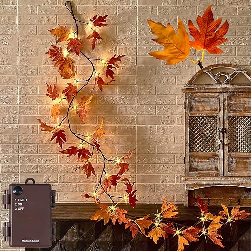 Miniatura 8 de Fudios - Guirnalda de arce luminosa de Acción de Gracias con hojas rojas y amarillas, 24 luces, funciona con pilas, 6 pies, hojas de arce