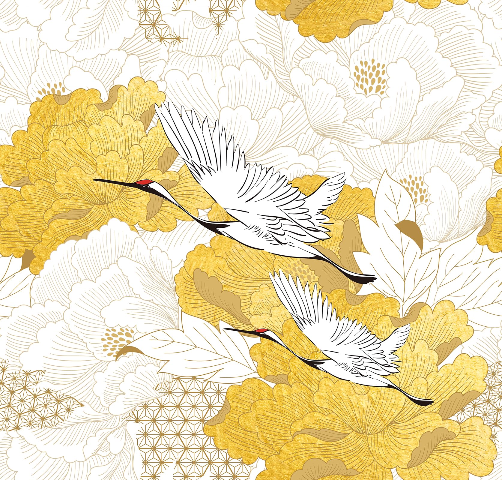 Papier peint floral blanc et doré style japonais 45x200 cm pour décoration murale