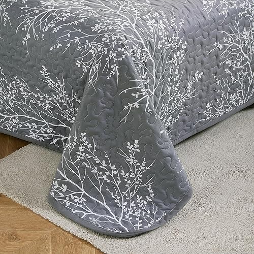 Miniatura 3 de Vaulia Juego de edredón suave de microfibra, elegante diseño de costuras estampado floral, juego de ropa de cama de 3 piezas para todas las