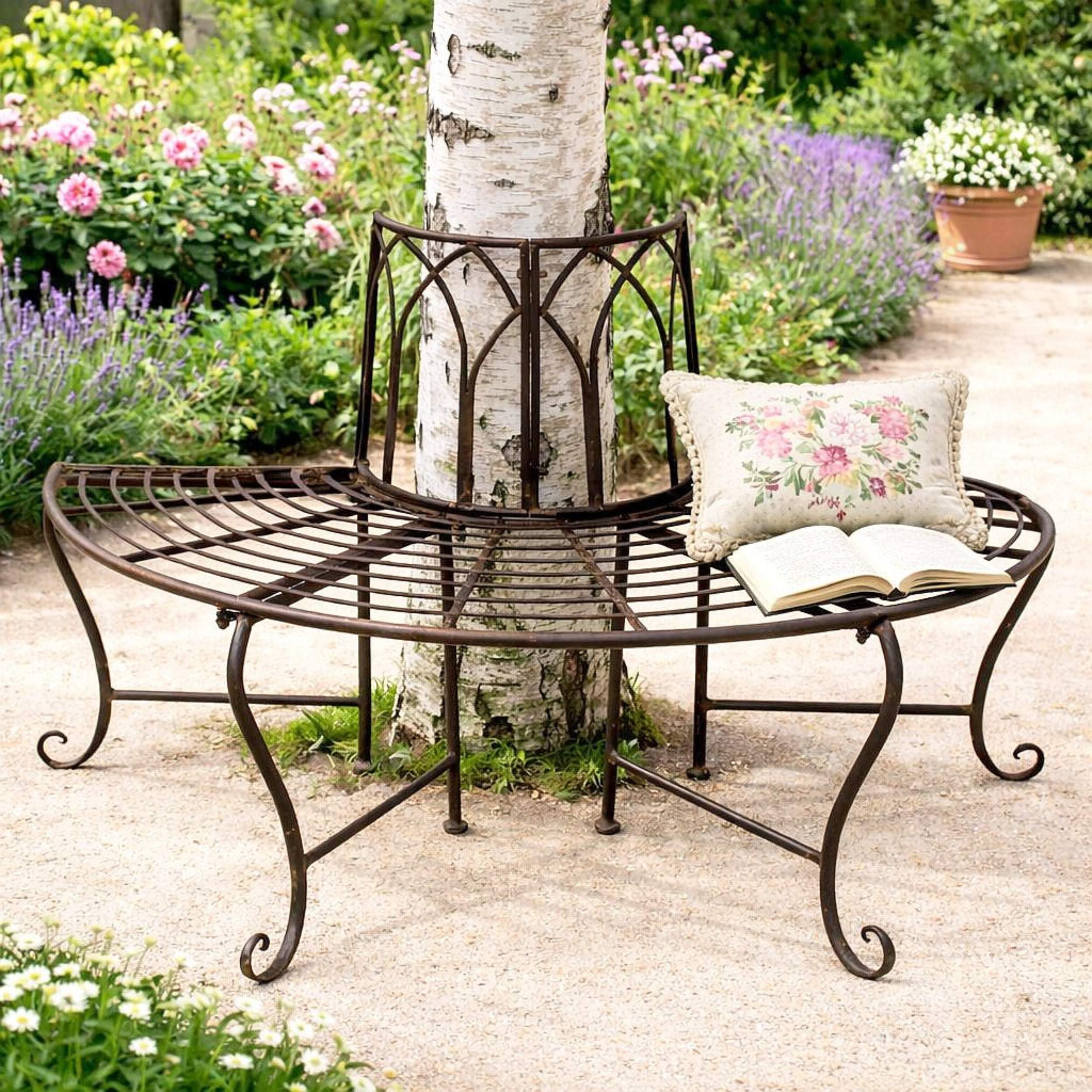 DanDiBo Baumbank Halbrund Metall Wetterfest Braun 127 cm 3 Sitzer 121071 Gartenbank mit Rückenlehne Rundbank Parkbank Bank Outdoor Sitzbank