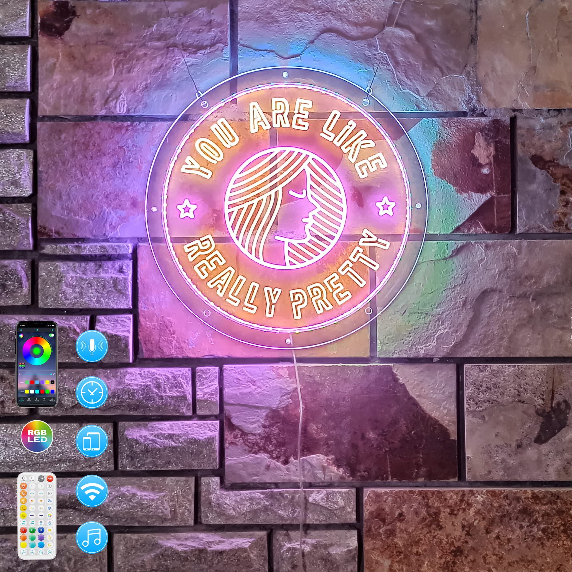 You Are Like Really Pretty Neon Sign 14" Round Edge Lit Acrylic Signage Inner Warm White & Pink Pretty Woman Face Outer Perimeter Bluetooth RGB Colors Chasing Wedding Décor Neon Art Lights