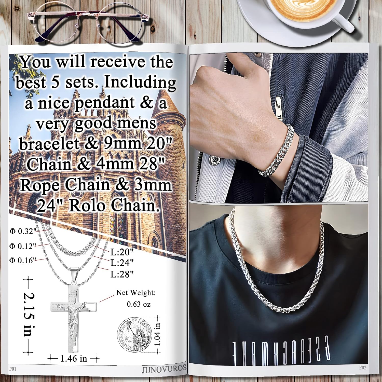 JUNOVUROS 5 Piece Stainless Steel Cross Pendant Necklace Set with 3 Chains and 1 Cuban Bracelet, Jesus Christ Cross Religious Jewelry Gift, Silver/Gold/Black - Image 2