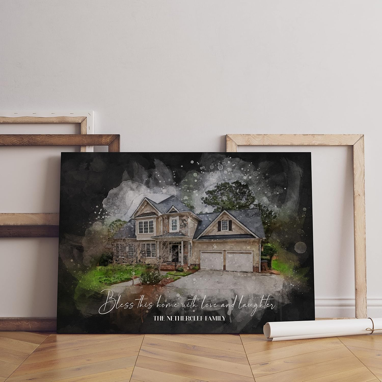 Awesometik Custom House Portrait Watercolor with Dark Background, Watercolor House Painting Housewarming Gift Realtor Gift Dark Watercolors