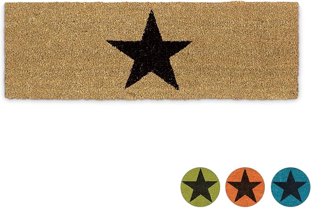 Relaxdays Narrow Coir Doormat with Large Black Star for Indoors and Outdoors w/ Anti-Slip Underside Long Welcome Mat 1.5 x 75 x 25 cm, Natural Brown