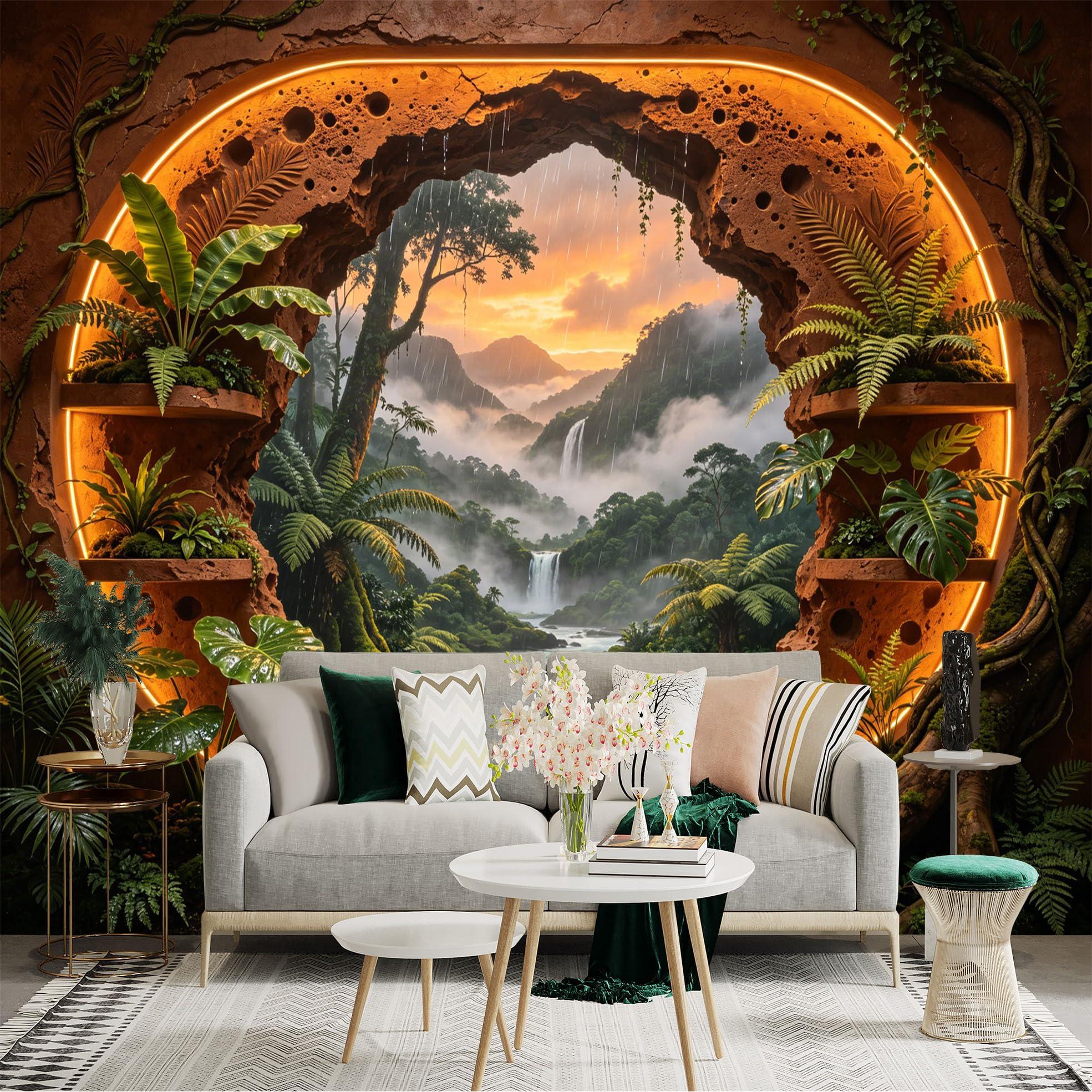 Custom Size Wall Sticker Mural， Tropical Rainforest Waterfall， Sunset Landscape and Lush Green Plants， for wall Decoration， peelandstick wall Decals.