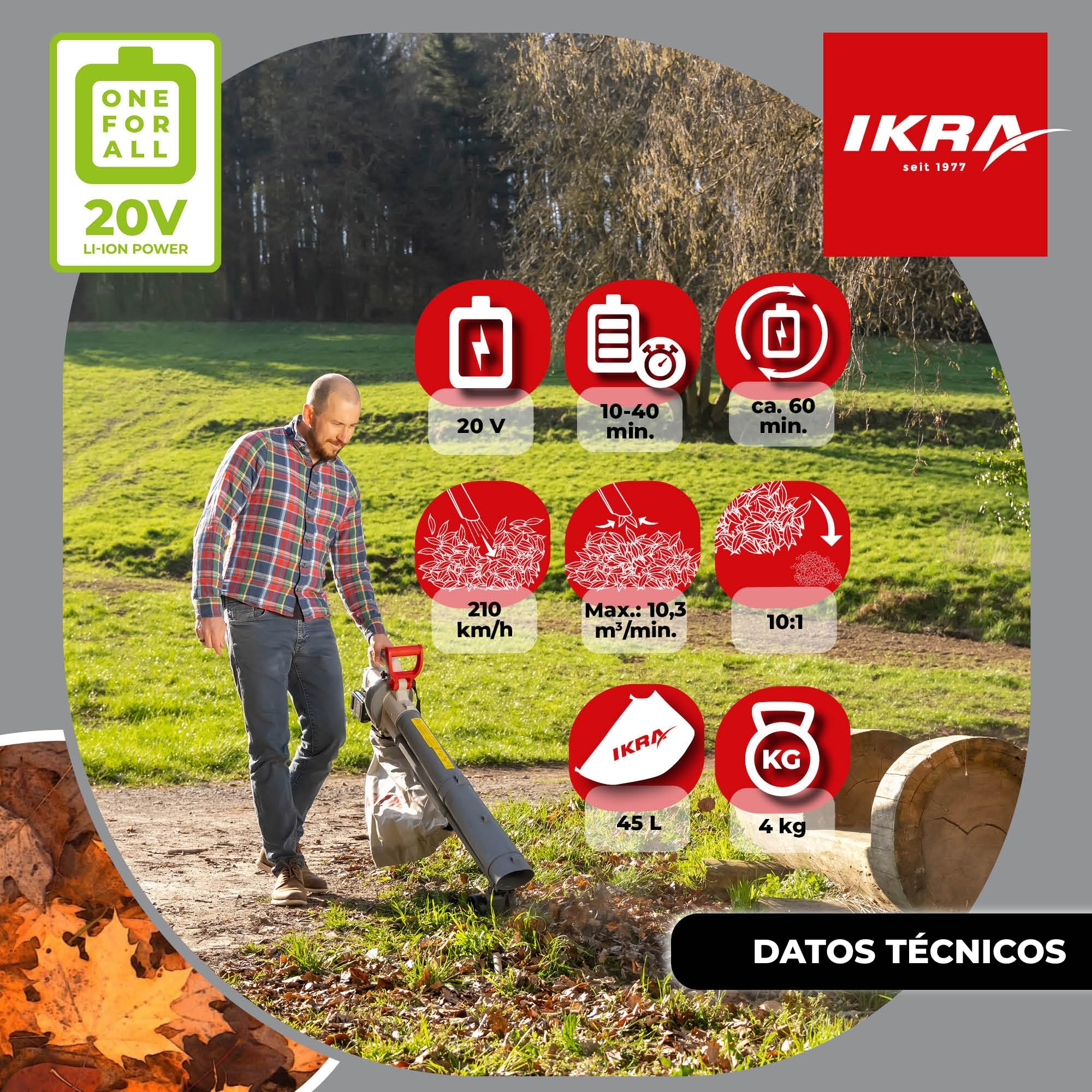 IKRA soplador de Hojas 3en1 IALS 2-20, Incluye 2 baterías de 20V y Cargador | Selector función de aspiración y soplado, hasta 210 km/h, incl. bolsa de 45 l y cinta de hombro, gama de baterías de 20V IKRA