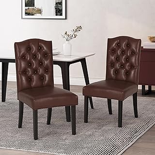LIFE SKY Dining Chair: Modern Tufted PU Leather High Back Chair for Dining Room & Home Office - Brown Upholstered Seat with Black Wooden Legs for Comfort & Style