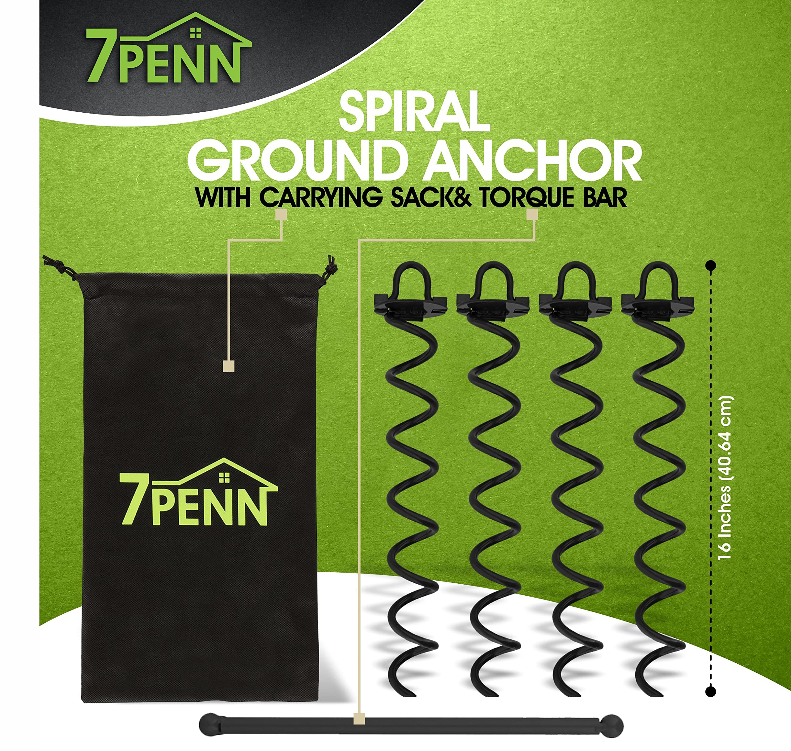 7Penn Ground Anchors Screw in 4 Pack - 16 Inch Black Spiral Dog Leash Ground Anchor Tie Down - Heavy Duty RV Canopy Stakes for High Wind Camping Tents with 475 lbs Pull Force