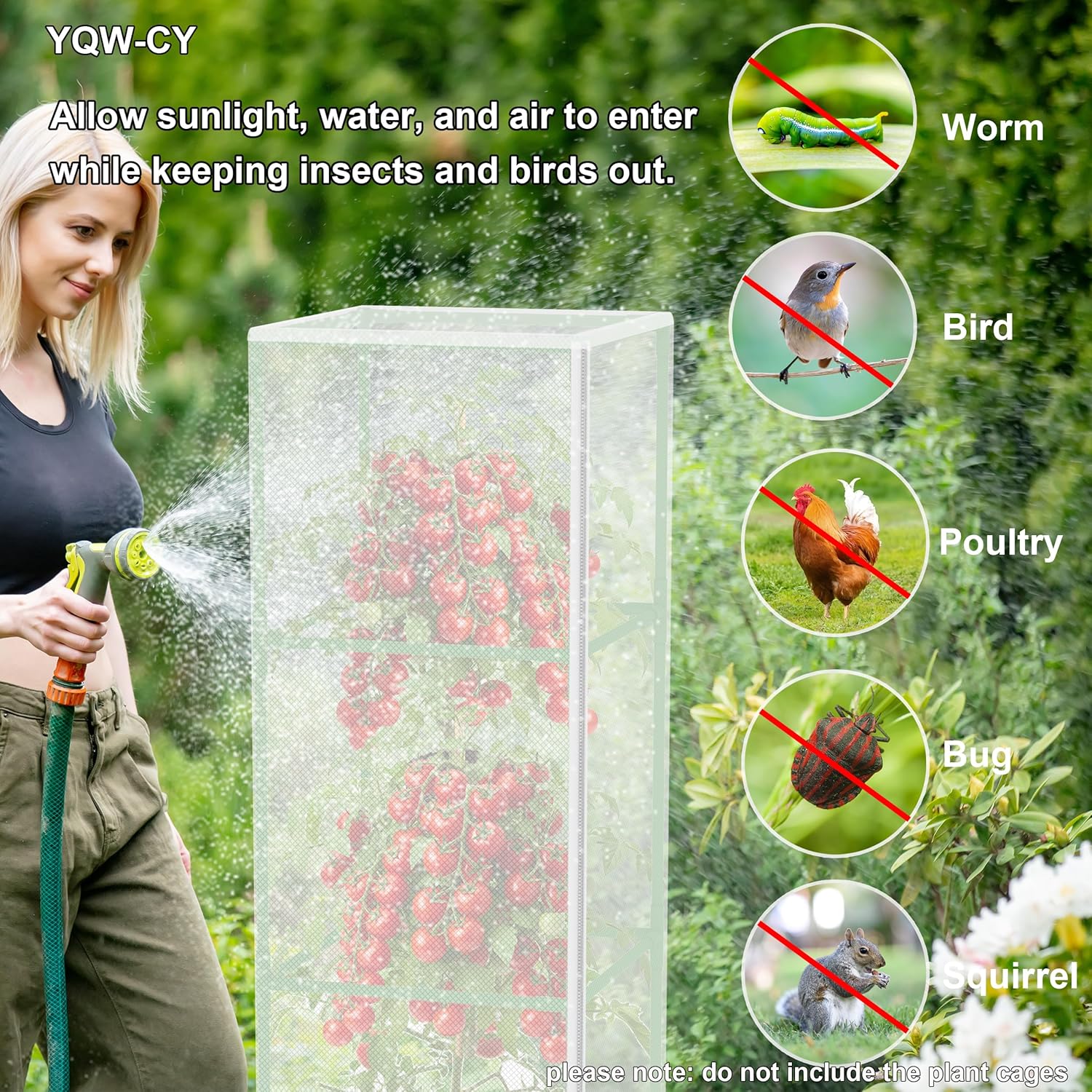 Garden Bird Netting Plant Cover for Square Tomato Cage, 59" x 17.7" Insect Barrier Tomato Cage Net with Zipper and Drawstring, Tomato Trellis Netting Protection Cover for Protecting Plant (6 Pack)
